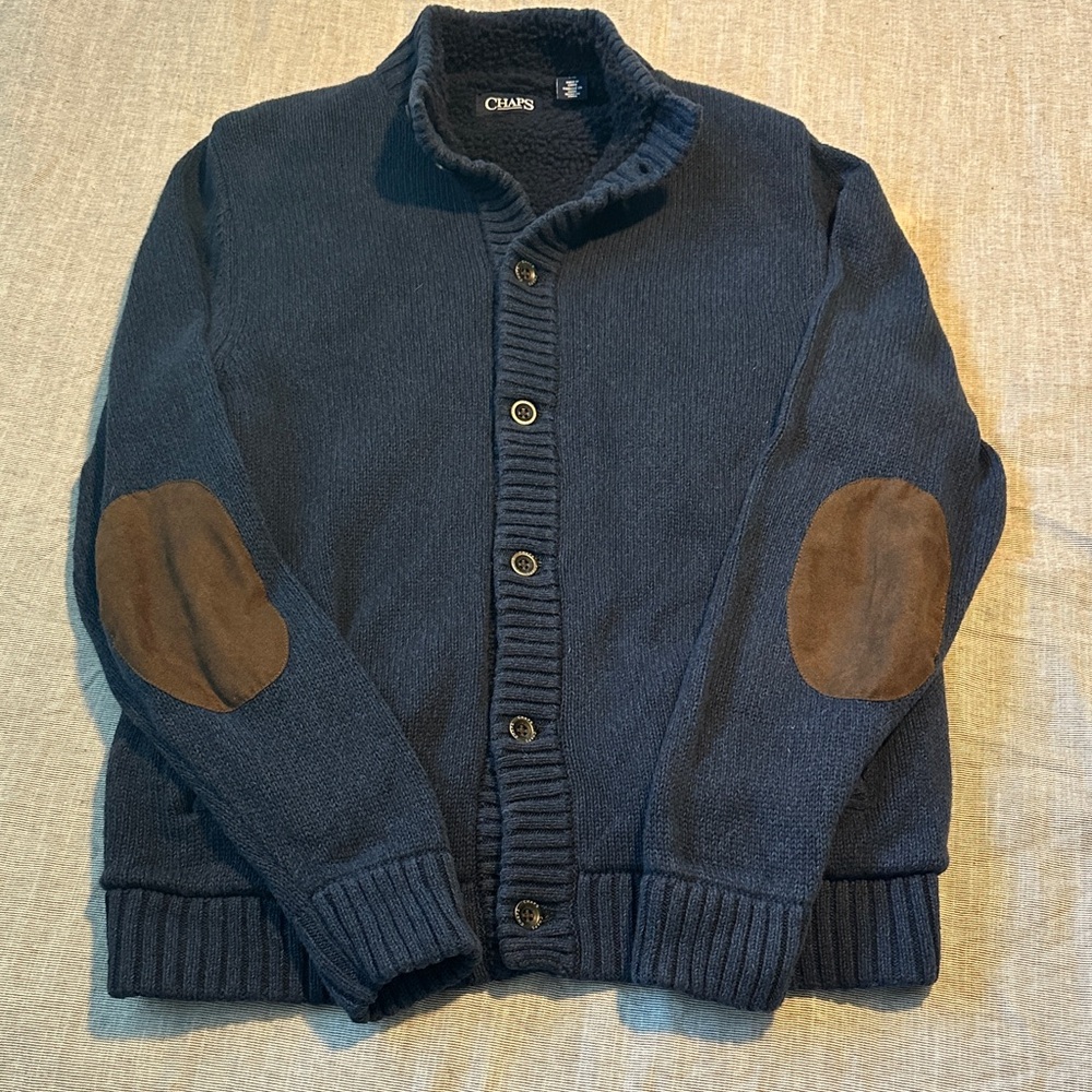 Chaps Navy Sweater jacket with Brown Elbow Accents